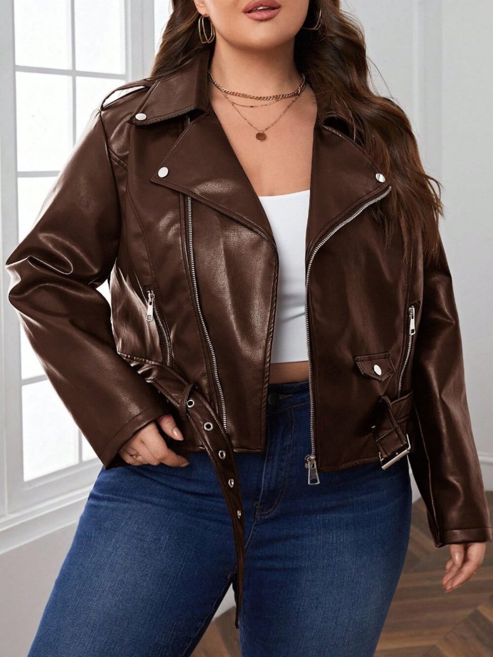 Brown Casual Women's Plus Size Biker Jacket